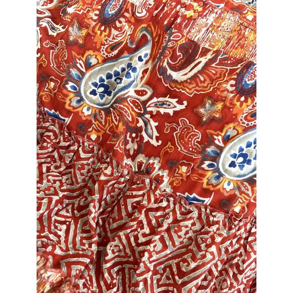 Boho Red Paisley Patchwork Maxi Skirt Tiered Crinkle Elastic Waist size Large - Picture 4 of 8
